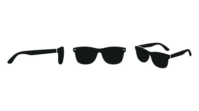 Sunglasses silhouettes set icons. Modern stylish eyewear designs. Three different perspective views. Minimalist black vector illustration. Summer fashion accessory concept.