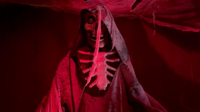 Creepy hooded skeleton ghost with glowing yellow eyes and exposed rib bones under eerie red lighting inside a haunted house.