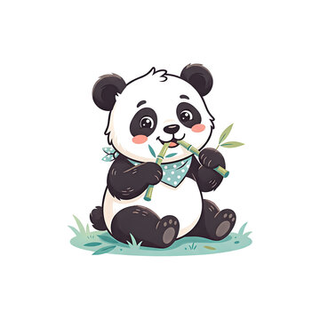 cute baby panda sitting on the grass and eating bamboo.