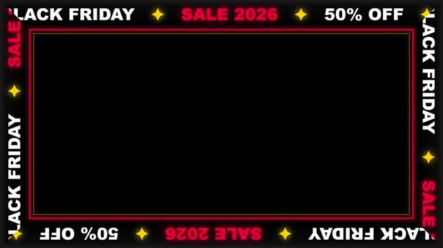 Black Friday Sale Animated Border Overlay with Percent Off Scrolling Marquee Text on Dark Background