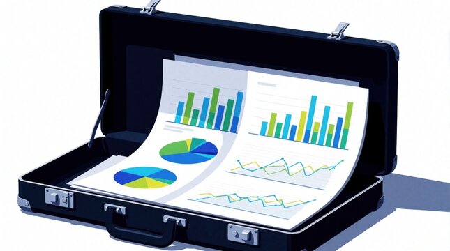 Open black briefcase contains finance reports with colorful charts, graphs. Business documents show market data, statistics, growth analysis. Pro paperwork for investment planning, budget management,