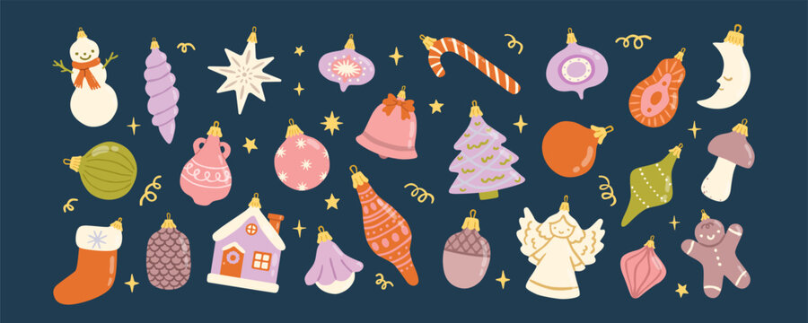 Vintage Christmas glass ornaments set. Hand drawn Xmas baubles set isolated on dark background. Cute retro tree toys decorations for holiday design. Flat vector illustration.