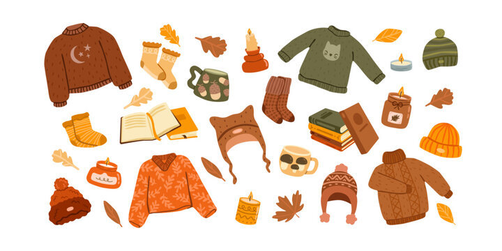Cozy autumn set of knitwear, warm socks, reading books, mugs, candles, beanies and colorful fall leaves in a charming seasonal style. Flat vector illustration, hand drawn.