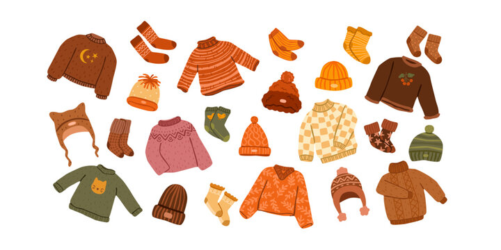 Cozy autumn knitted clothing set. Winter collection with sweaters, hats, beanie and socks. Cute warm fall apparel, pullover with print, footwear. Flat vector illustration, hand drawn.