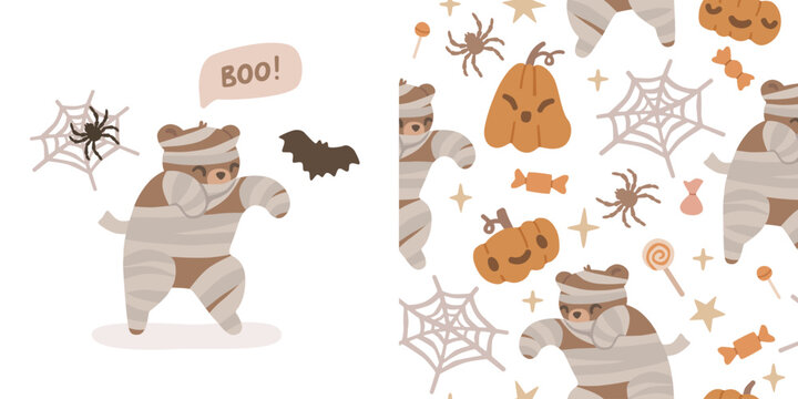 Cute Halloween mummy bear and seamless pattern with pumpkins, spiders, cobwebs, bats and candy. Adorable animal character for holiday textile and fabric design. Flat vector illustration.