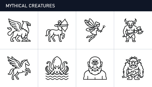 Mythical creatures icons set with griffin, centaur, fairy, minotaur, pegasus, kraken, cyclops and troll for fantasy stories and folklore