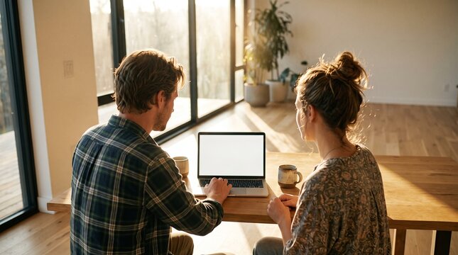 Young couple sitting together at wooden table in sunny modern home interior looking at blank laptop screen while typing and enjoying warm coffee cups