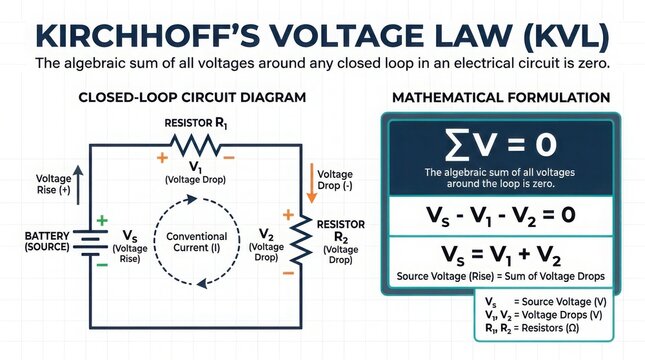 Kirchhoffs Voltage Law explains voltage drops in resistors and
