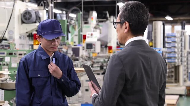 初めて日本の工場で働くことに不安を感じる外国人労働者を気遣い相談に応じる日本人の人材仲介業者