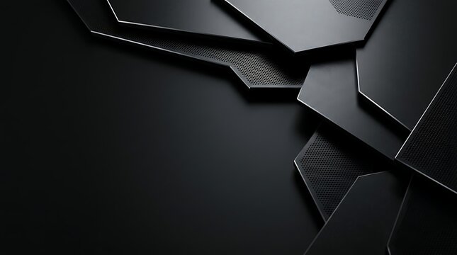Abstract composition of overlapping dark geometric matte black panels