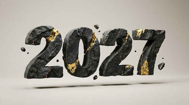 Floating 2027 year numbers made of dark volcanic rock and gold with calendar