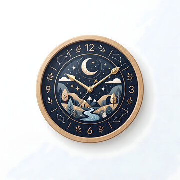 wooden wall clock with a dark blue face featuring a celestial and landscape design