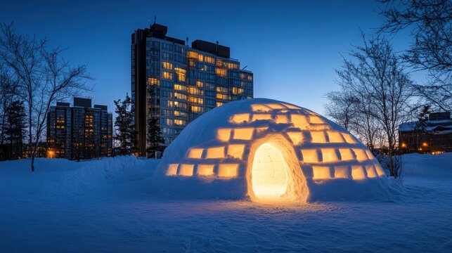 Illuminated igloo in a snowy urban park at twilight, with apartment buildings in the background.