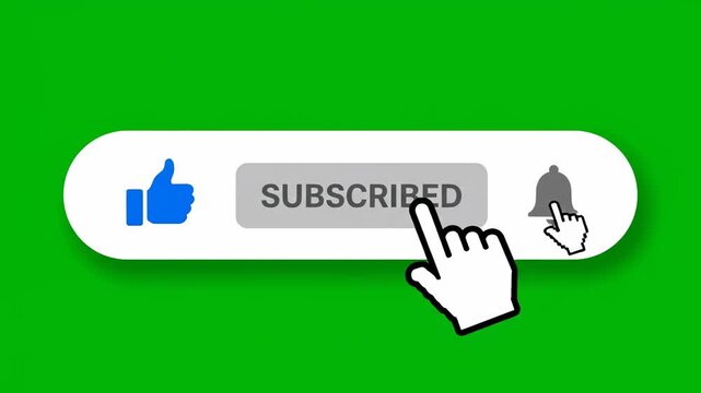 Dynamic Social Media Overlay featuring a subscribe button with like and bell icons on green screen background, ideal for content creators and video editors.