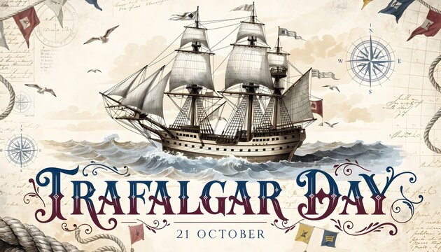 Vintage sailing ship on sea with trafalgar day text banner
