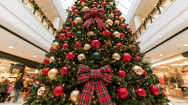 Elegant Christmas tree in contemporary shopping center atrium