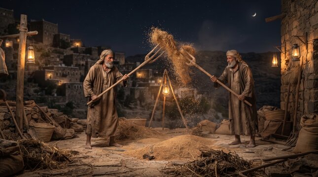 Two men threshing grain with wooden flails in a village courtyard at night. Traditional harvest work and grain processing. Rural life, agriculture and food production.