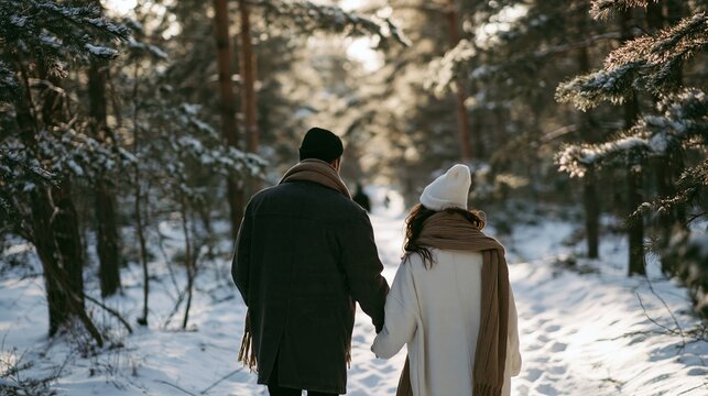 Winter walk in snow-covered forest with couple holding hands for