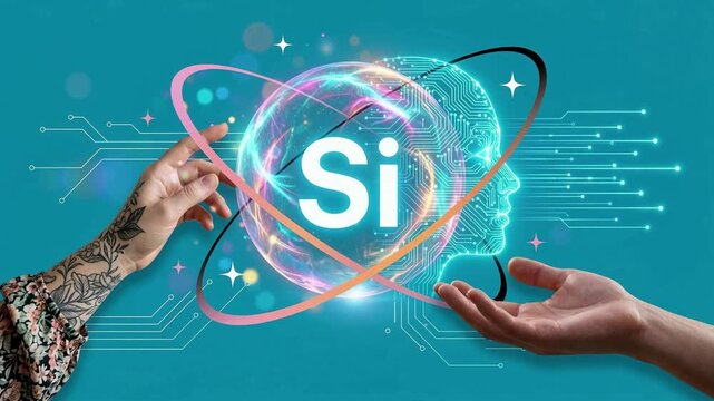 Two hands holding futuristic quantum super AI silicon intelligence sphere with circuit brain profile concept