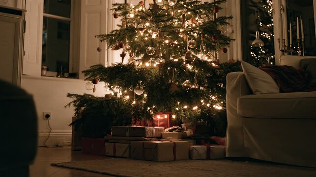 Decorated Christmas tree in a cozy living room during winter holiday