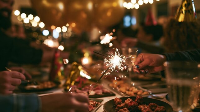 New Year's Eve celebration with sparklers and festive food on a