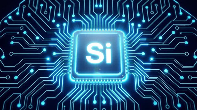 Glowing 2D neon microchip processor with Silicon Si logo on blue circuit board background