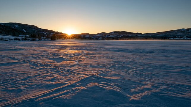 Winter sunrise over frozen lake with snow patterns and distant