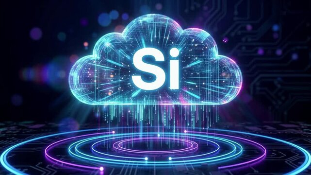 Futuristic 3D neon cloud computing icon with Silicon Si text for super AI database and storage concept