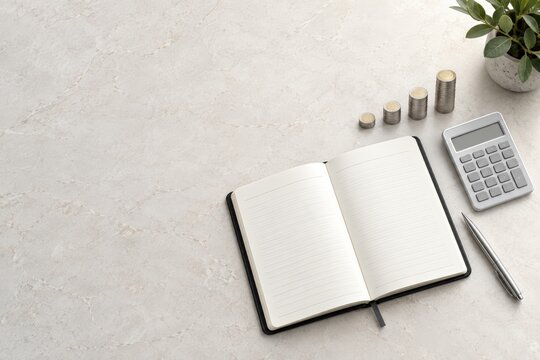 Open notebook with calculator and pencil on desk