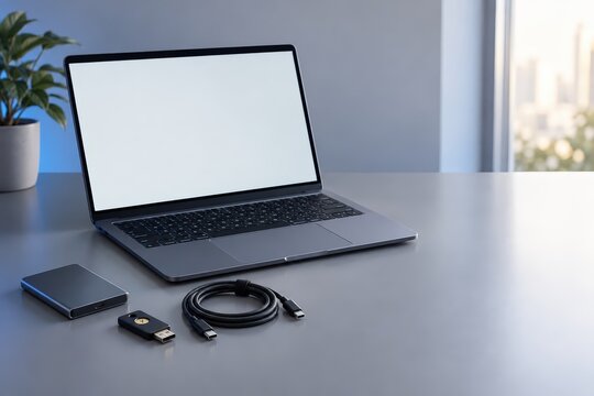 Laptop with charging cable and mobile accessories