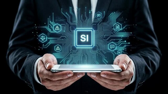 Businessman holding smartphone displaying virtual Super AI chip interface, future Artificial General Intelligence network.