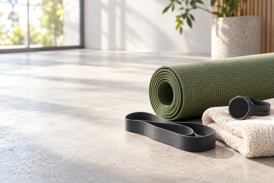 Yoga mat and fitness accessories in bright studio