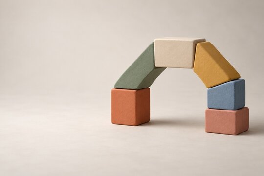 Colorful modular blocks connected into a balanced arch on a soft neutral background