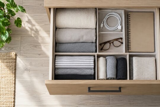 Organized linen drawer with folded towels and glasses