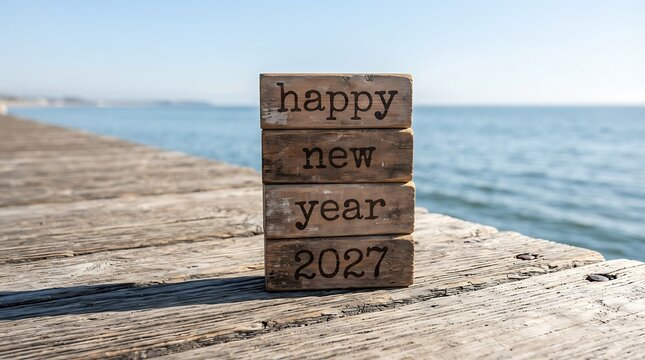 Stack of four wooden blocks with the text happy new year 2027, placed on a weathered wooden pier overlooking the blue ocean water