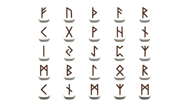Ancient Norse Elder Futhark Runes Alphabet Symbol Icon Set on Stone Pedestals for Viking Divination, Pagan Rituals, Wicca, and Magic Vector Illustration