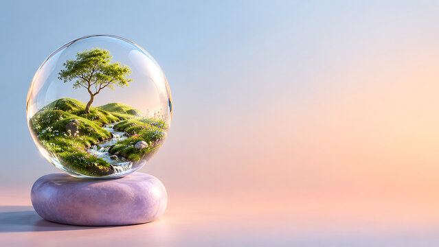 Surreal Miniature Green World in Glass Sphere on Pastel Pedestal with Copy Space