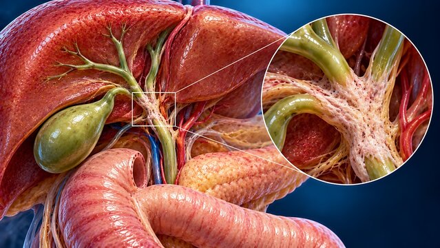 Human Liver and Gallbladder Anatomy Showing Bile Ducts and Biliary Structure