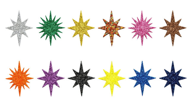 Set of twelve colorful glittery star shapes isolated on transparent background