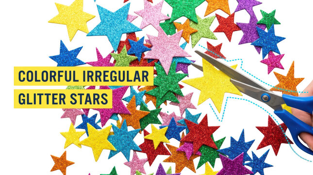 Colorful glitter star cutouts isolated on transparent background