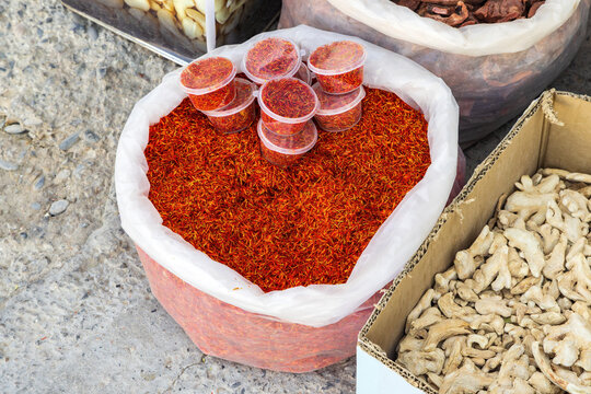 A bag full of freshly harvested saffron, the world's most expensive spice, at a bazaar in Uzbekistan