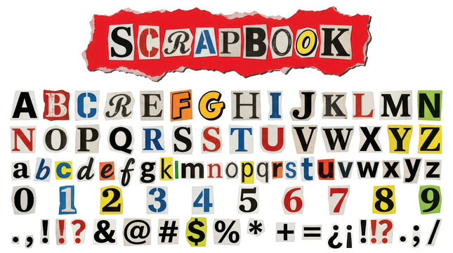 Ransom note style alphabet letters and numbers isolated on transparent background