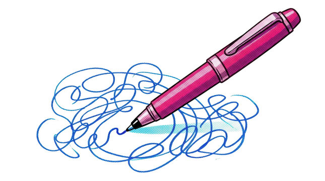 Pink pen drawing a blue scribble isolated on transparent background
