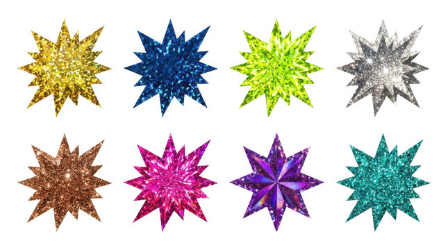Set of eight colorful glittery starburst shapes isolated on transparent background