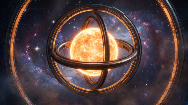 Glowing energy sphere trapped inside rotating metallic gyroscopic rings in deep cosmic space. Concept of orange sphere, armillary sphere, dyson sphere, glowing orb, portal, sci fi, space concept.
