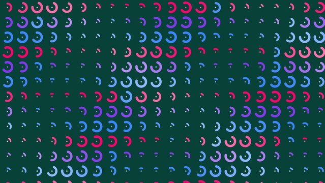 Colorful crescent motifs repeat across a dark teal background.