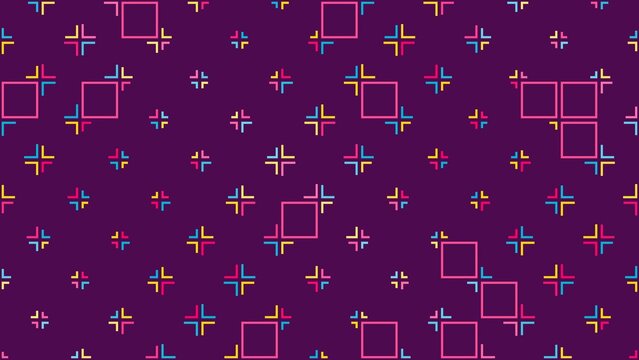 Playful abstract design featuring pink squares and multicolored crosses