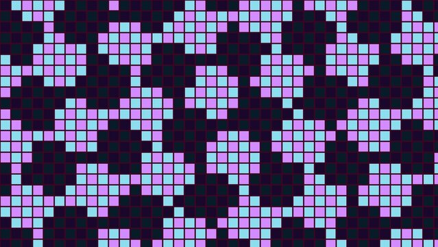 Purple and blue pixelated snowflakes on a dark background