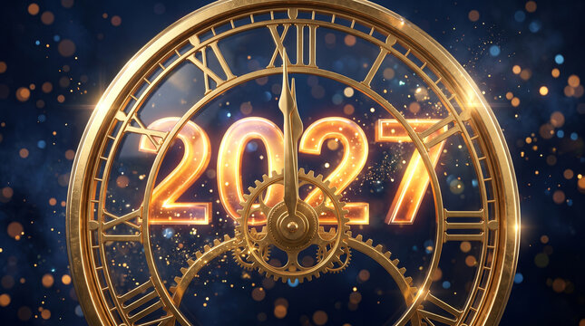 Golden countdown clock with glowing 2027, midnight celebration, festive bokeh background, symbolizing New Year excitement and anticipation for future events