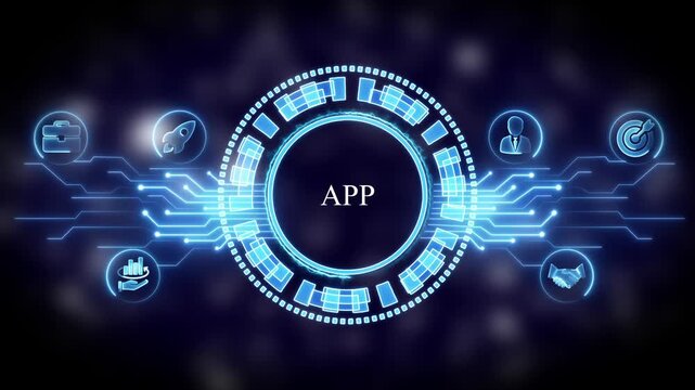 Digital app development interface with hud technology and business futuristic software ui animation